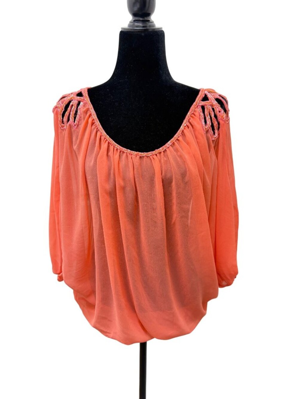 Sweet Rain Coral Sheer Cutout Shoulder Blouse – M